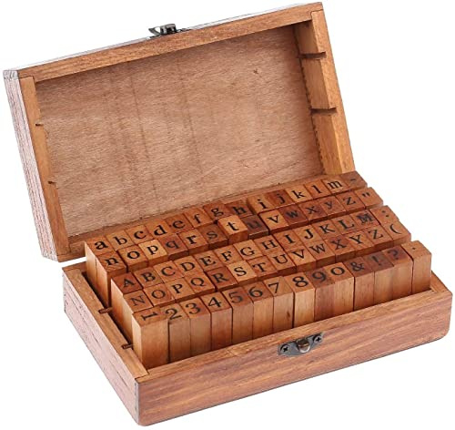 Alfabetsstämpelset, 70 stycken stämpelset, alfabet bokstavsfrimärken, siffror stämplar, vintage träalfabet bokstäver frimärken medförvaringslåda, bokstäver antal symbol, för konst, hantverk