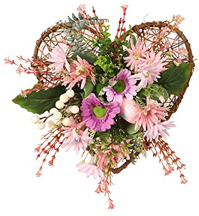 HJHIWE Oster-Herzförmige Chrysanthemen-Girlande, Frühlings-Osterei-Kranz mit künstlichen Blumen und grünen Blättern, Kranz für Zuhause, Haustür, Innen- und Außendekorationen