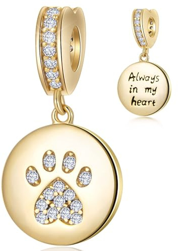Ich liebe mein Haustier Thema Charm-18k Gelb/Rose Gold überzogen 925 Sterling Silber Hund Pfote Print Runde Bead Anhänger, passt europäische Tier Charms Armband, Geschenke für Mama/Tochter/Oma