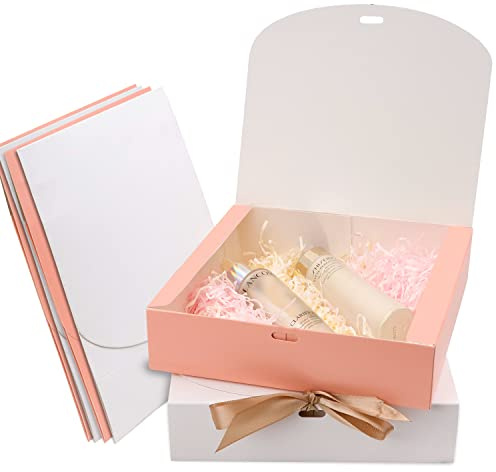 12PCS Geschenkboxen mit Deckel, Chostky präsentiert Kraftpapier Geschenkboxen mit Deckel Bogenband Geschenkverpackung Box 27x20x8cm Geschenkverpackung Box für Party Geburtstag Hochzeit (weiß+rosa)