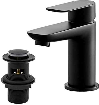 Black Basin Taps with Pop Up Waste, BATHWEST Modern Monobloc Chrome Brass Matte Black Bathroom Sink Taps for Basin with Drainer 922MB