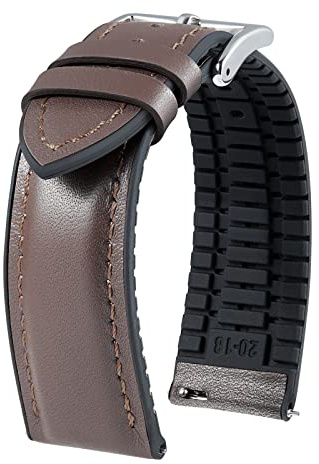 BINLUN Leder Silikon Uhrenarmbänder 14mm 16mm 18mm 19mm 20mm 21mm 22mm Schnellverschluss Hybrid Gummi Lederarmband für Smartwatches 6 Farben Herren Damen（Braun,22mm,Silberne Schnalle