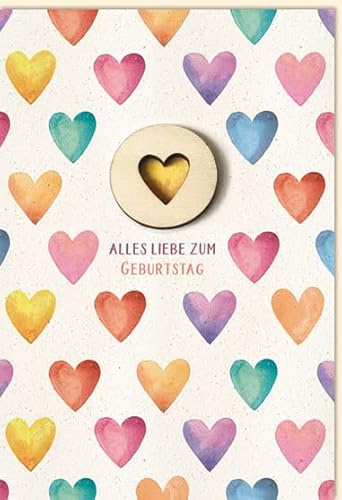 KE - Exklusive Geburtstagskarte mit Holzdetail, inklusive Umschlag, DIN B6 - Perfekt für besondere Anlässe, Motiv: Herzen