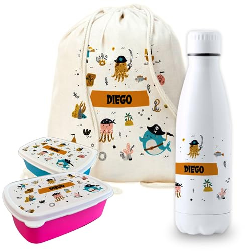 CUAC REVOLUTION Pack vuelta al cole diseño pirata botella personalizada + mochila saco personalizada + fiambrera personalizada con foto y/o texto para el colegio o guardería. Caja merienda libre BPA
