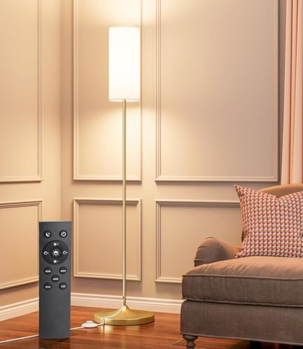 luckystyle LED Floor Lamp for Living Room, Dimmable Standing Lamps with Foot Switch,Remote Custom Color Temperature Gold Pole Lamp with Lampshade,12W Led Bulb Tall Lamps for Bedroom Office Kid Room