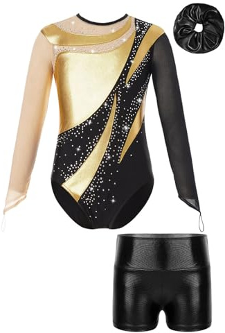 ranrann Enfant Fille Justaucorps Gymnastique Strass avec Short Ensemble Danse Gym Tenue Costume Spectacle 3-16 Ans A Or 13-14 ans