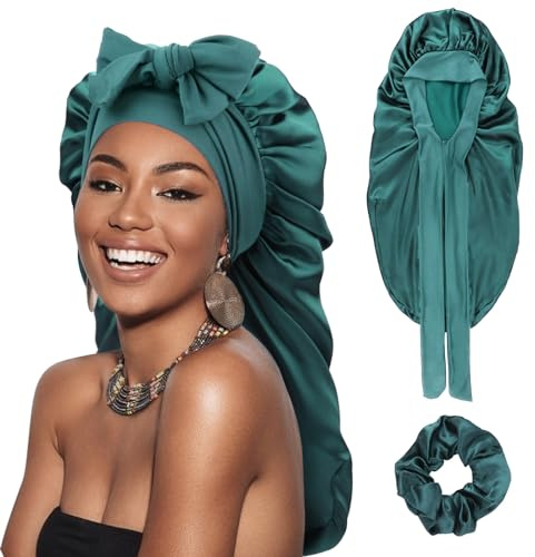 DRESHOW Bonnet Long en Satin Tressé pour Femme Bonnet en Soie pour Dormir Bonnet de Sommeil avec Bande Elastique Bonnet de Nuit pour Cheveux Longs et Bouclés Locs