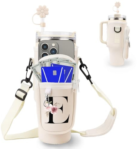 Portabottiglie con Tracolla per Tumbler Stanley 40 oz Cup,con Tasca per Telefono,Zaino Personalizzato portaborraccia zaino con Cannuccia Moschettone(E)