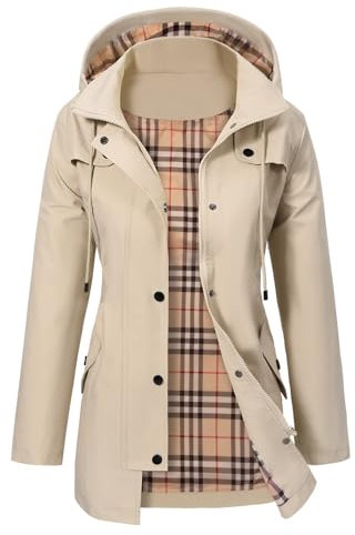PASUDA Regenjacke Damen Wasserdichte Windbreaker mit Kapuze Lange Übergangsjacke Atmungsaktiv Gefütterte Regenmantel Funktionsjacke Outdoorjacke Wanderjacke Jacke (Khaki, M)