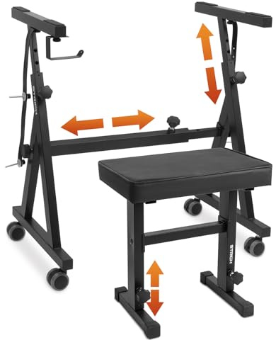 STRICH Klavierständer & Hocker-Set – Tragbarer, robuster Ständer für Digitalpianos mit 54–88 Tasten & höhenverstellbare Klavierbank, Schwarz