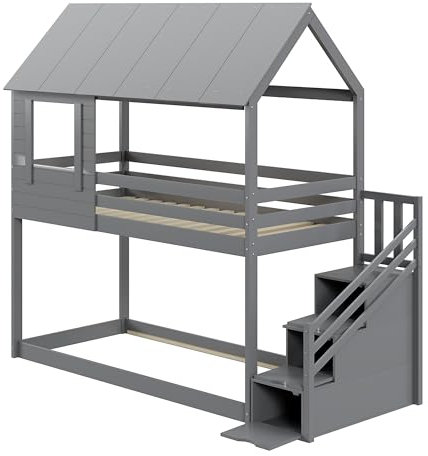 I0I&I0I Kinder Etagenbett 90x200 cm, Massivholz mit Dachkonstruktion, Sicherheitstreppe mit Stauraum, Lattenrost inklusive, Haus-Design, Hohe Geländer, Platzsparend, Schlaf- und Spielbereich (Grau)