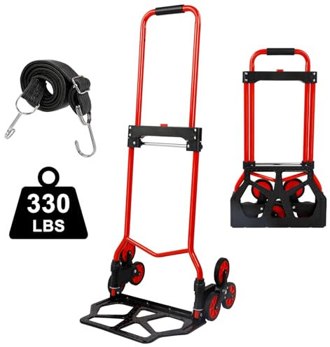 Foldable 6-Wheel Stair Climbing Dolly - 180Lbs Capacity, Telescopic Handle & Bungee Cord - Portable Hand Truck for Stairs, Moving & Deliveries