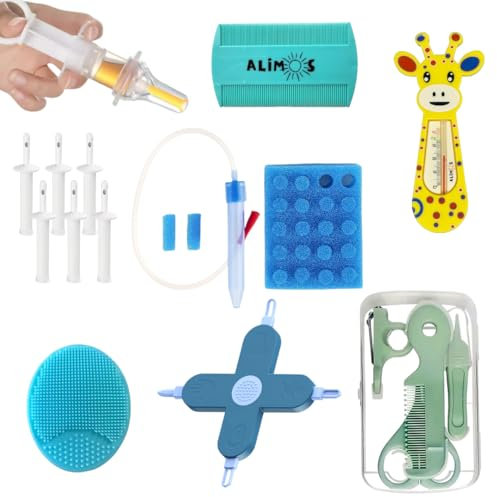 Alimos Pflege- und Gesundheitspflege-Set für Neugeborene mit Nasensauger und Hygienefiltern, Nasen-, Ohr-Picker, Nagelknipser, Wiegenkappenbürste, Gas- und Koliklinderung, Medikamentenspender und