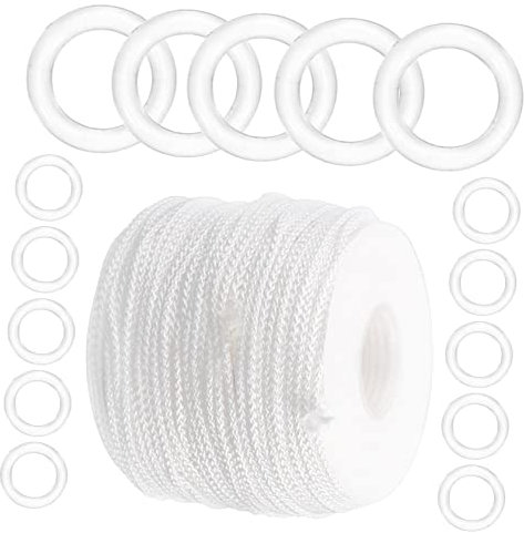 RORPOIR Roman Blind Curtain Rings and White Braided Pull Cord 50 Meter Rope Kit 100 Rings for Home Decoration and Repair Kit, Sturdy Pom Material, Convenient to Install
