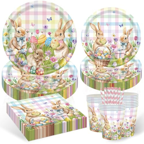 YRsorn Vaisselle en papier pour fête de Pâques - Assiettes en carton Happy Easter - Motif lapin de Pâques - Pour décoration de Pâques - Décoration de table pour enfants - 20 invités