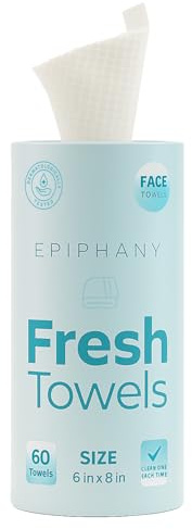Epiphany Fresh Towels, Dry Disposable Face Towels – 60 Cotton-Feel Clean Tissues for Skin Care. Lint-Free Makeup Remover Cloths. 6x8 Inch Biodegradable Face Wash Cloths, Gentle on All Skin Types