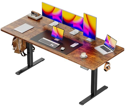 Huuger 63 x 28 Large Electric Standing Desk, Height Adjustable Computer Desk, 27.6 Deep Desktop, Stand up Gaming Office Table with 2 Hooks, 3 Preset Heights, for Home Office, Rustic Brown
