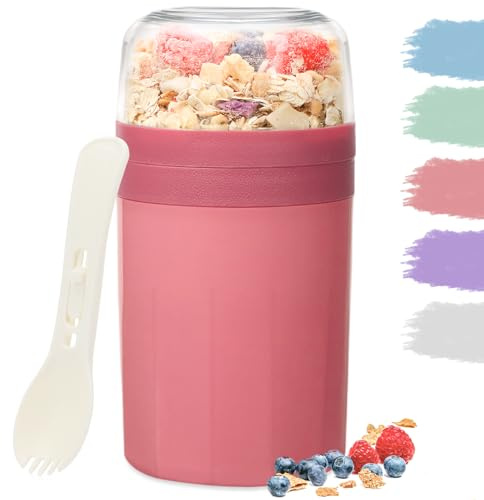 Bugucat Müslibecher to Go 520ML+250ML,Praktischer Joghurtbecher mit Löffel, Auslaufsicher Müsli Cup Becher mit Soßenbox,Müslibox Brotdose Lunchbox für Kinder & Erwachsene