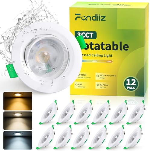 Fondiiz 12er LED Einbaustrahler 230V Schwenkbar, 5W 480LM 3CCT | LED Spots Warmweiß 2700K Neutralweiß 4000K Kaltweiß 6000K, Spots Deckenleuchte Flach IP44 für Badezimmer, 70-80mm Lochmaß