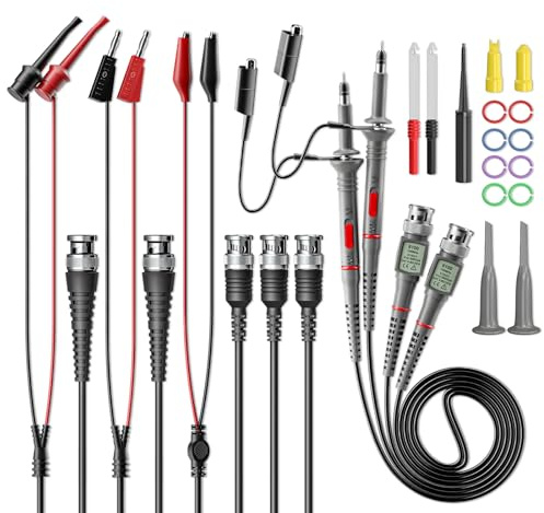Cleqee Universal-Oszilloskop-Tastköpfe 100MHz 1X 10X 2er-Pack | Mit Zubehör Kit, BNC auf BNC, Testhaken, Krokodilklemme, Bananenstecker Messleitungen Drahtstichproben