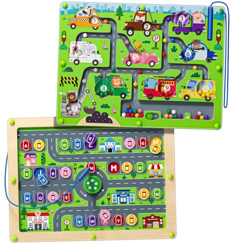 Montessori Toys for Boys and Girls 3-5 Age 2 in 1 Magnetic Color and Number Maze Car Zoo Maze Magnet Alphabet Counting Double Sided Board Wood Puzzle Preschool Toys Gifts (Small Car, One Size)