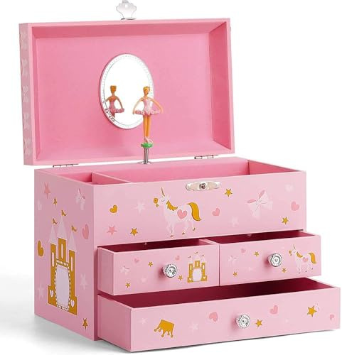 Chonor Schmuckkästchen Mädchen Spieldose Rosa, Einhorn Musikbox mit Ballerina, Schmuckschatulle Kinder Spieluhr