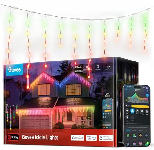 Govee Icicle Lights, Smart RGBIC Christmas Lights for Outside, 66ft with 800 LEDs Icicle Light for Outdoor, IP67 Waterproof, Music Sync, Voice Control, 78+ Scene Modes, 2 Rolls of 33ft