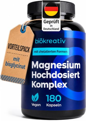 Biōkreativ Magnesium Komplex Hochdosiert VORTEILSPACK – 180 Kapseln - 400mg pro Tag - mit 5 Formen: Magnesium Bisglycinat, Citrat, Malat, L-Ascorbat, Oxid - Vegan, laborgeprüft - 3-Monats-Vorrat