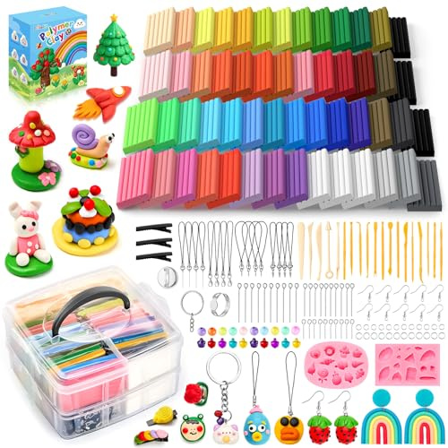 Bridokit Kit di 54 Blocchi di Argilla Polimerica, Modellazione Argilla Kit Forno, Pasta Modellabile Bambini, con 19 Strumenti di Modellazione e 2 Stampi in Silicone per Gemme, Atossica per Bambini