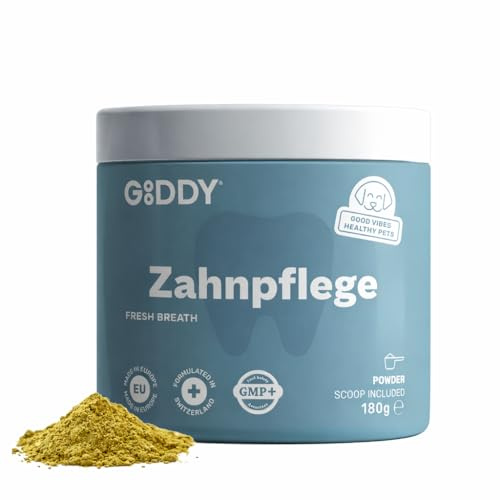 Gooddy Tandvård och tandrengöring för hundar. Naturliga pulver, 180 g, spannmålsfri och allergivänlig – tar bort tandsten, plack och dålig andedräkt. Naturlig kelp, zink, mint, 6 månader