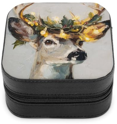 Jubonexis Piccolo portagioie a forma di cervo con ghirlanda di agrifoglio, luci incandescenti, portatile, in pelle PU, mini espositore, da viaggio, per donne
