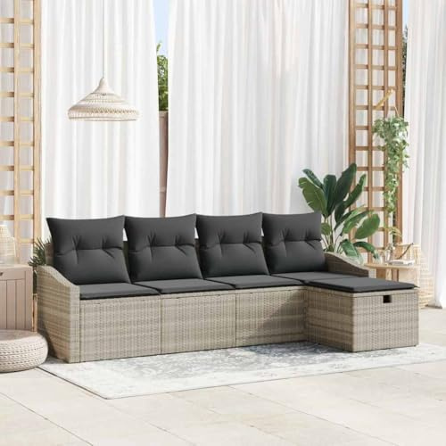 YuuSsea Garten Loungesofa Set, 5-teilig, Hellgrau Poly-Rattan, modular, wetterfest, mit Stauraum, UV-beständig, 5 Sitzplätze, für Terrasse und Balkon