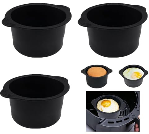 HIKPACKER 3 Pieces Silicone Egg Cups for Air Fryer | 10 x 6.5 cm Round Shape Silicone Ramekins for Air Fryer with Handles, Non-Stick Poached Egg Moulds for Air Fryer, Baking