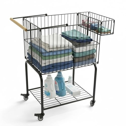Zweistöckiger, rollbarer Wäschekorb mit Griff, robuste Ausführung, 76 cm hoch, 80 Liter Fassungsvermögen, Drahtgestell, mit feststellbaren Schwenkrädern und Buchenholzgriff (Schwarz)