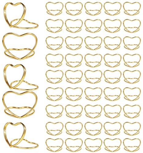 BrKern 50 Pcs Tischkartenhalter Gold, Herzförmige Kartenhalter Tisch für Hochzeit, Menükartenhalter & Fotohalter, Tischnummern Hochzeit Etc