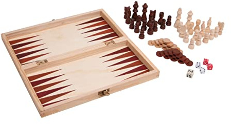 small foot Spielesammlung Spieleklassiker 3 in 1 im Holzkoffer, mit Schach, Dame und Würfelspielen, 2 Spieler, 3453, Braun,rot,holzfarbe
