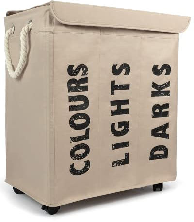 osoltus Wäschebox - Wäsche-Sortierer mit Deckel & Rollen - Bad-Organzier - Wäschekorb - Wäschetruhe - Badezimmer Wäsche-Sortiersystem - Sand