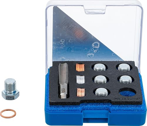 BGS 168 | Reparatursatz für Öl-Ablass-Gewinde | M13 x 1,25 mm | Gewindebohrer aus HSS-G-Stahl | 6 Ersatzschrauben | 12 Kupfer-Dichtringe | 6 Aluminium-Dichtringe