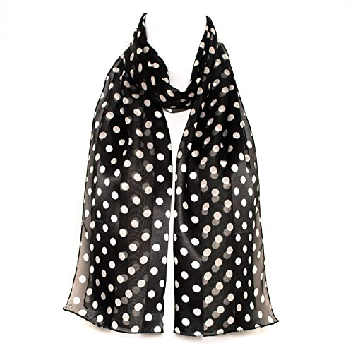 Hat To Socks Polka Dot Design Premium Chiffon Satin Scarf for Women - Korean Made Lightweight Sheer Fashion Wrap, Soft Elegant Shawl for All Seasons (White Dots on Black)