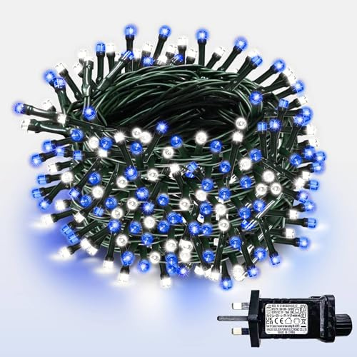WISD Christmas Tree Lights - 600 LED 33M Dimmable Xmas Fairy Lights on Green Cable with 12 Modes, Timer and Memory - Plug in String Light for Indoor Outdoor Garden Bedroom Party Decor (Blue + White)