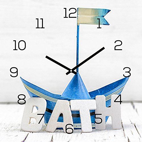 levandeo Orologio da Parete in Vetro 30 x 30 cm Orologio in Vetro Immagine Bath Bad Maritim Blu Barca Nave Shabby Chic Decorazione da Parete