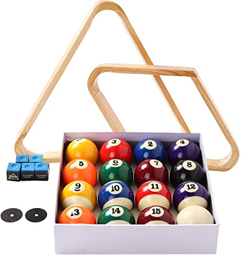 Billiard Balls Set, Pool Table Triangle Ball Rack and 9-Ball Diamond Rack (Wood), 5 Cue Chalks and 2 Table Spot Stickers - Pool Table Accessories