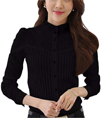 Kvinnors chiffong vintage ståkrage button down-skjorta långärmad spetsblus med stretch, Svart, 42 SE