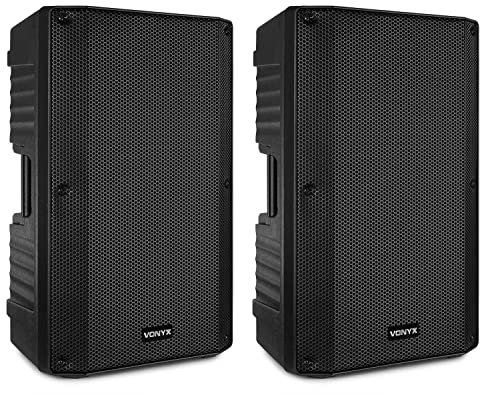 VONYX VSA150S - PA Anlage Komplettset, 1000 Watt PA Lautsprecher, 2X 15 Zoll Sub, Bi-Amp, Bluetooth, MIC-Input, Fernbedienung, Gitarreneingang, MP3, Aktive Lautsprecher Boxen, DJ Boxen - Schwarz