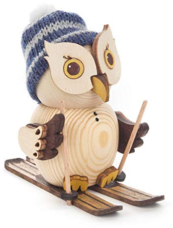 Kuhnert Minieule mit Ski und Strickmütze Dekofigur Original Erzgebirge Handarbeit Holzfigur Eule in modernem Design Sammlerfigur Eule Dekorationsfigur Mini-Eule