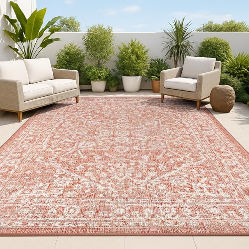 JONATHAN Y Boho Medallion Indoor Outdoor Area Rug 9X12 Red/Taupe, Malta Textured Weave for Backyard, Patio, Porch, Easy-Cleaning, High Traffic, Pet-Friendly, Non-Shedding (SMB104A-9)