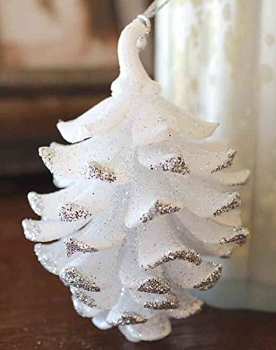 INNA-Glas Acryl Hänger Tannenzapfen CATHARINA, weiß-Silber, 9cm, Ø7cm | Glitzer - Weihnachtsanhänger