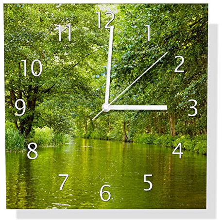 Wallario Design Wanduhr Spreewald in Brandenburg grüne Wälder und Spiegelungen im Wasser aus Aluverbund, Alu-Uhr Größe 30 x 30 cm, weiße Zeiger mit Metalloptik