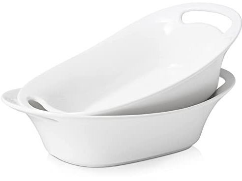 DOWAN Large Serving Bowls with Handles, 60 OZ Oval Serving Platter for Turkey, Fruit Salad Serving Dishes for Entertaining, Porcelain Pasta Bowls for Thanksgiving Day, Parties, Set of 2, Soft White