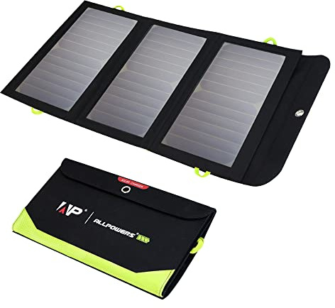 ALLPOWERS 5V 21W Solar Panel, Portable Solar Charger, 3 USB Output & 2 USB Input Waterproof Foldable Solar Panel, PD 18W Fast Charging Solar Power Bank for Smartphone, Tablets, Outdoor, Camping